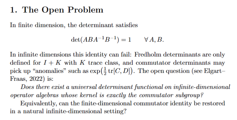 Determinants, Commutators, and Why Infinite Dimensions Need a Bigger Target